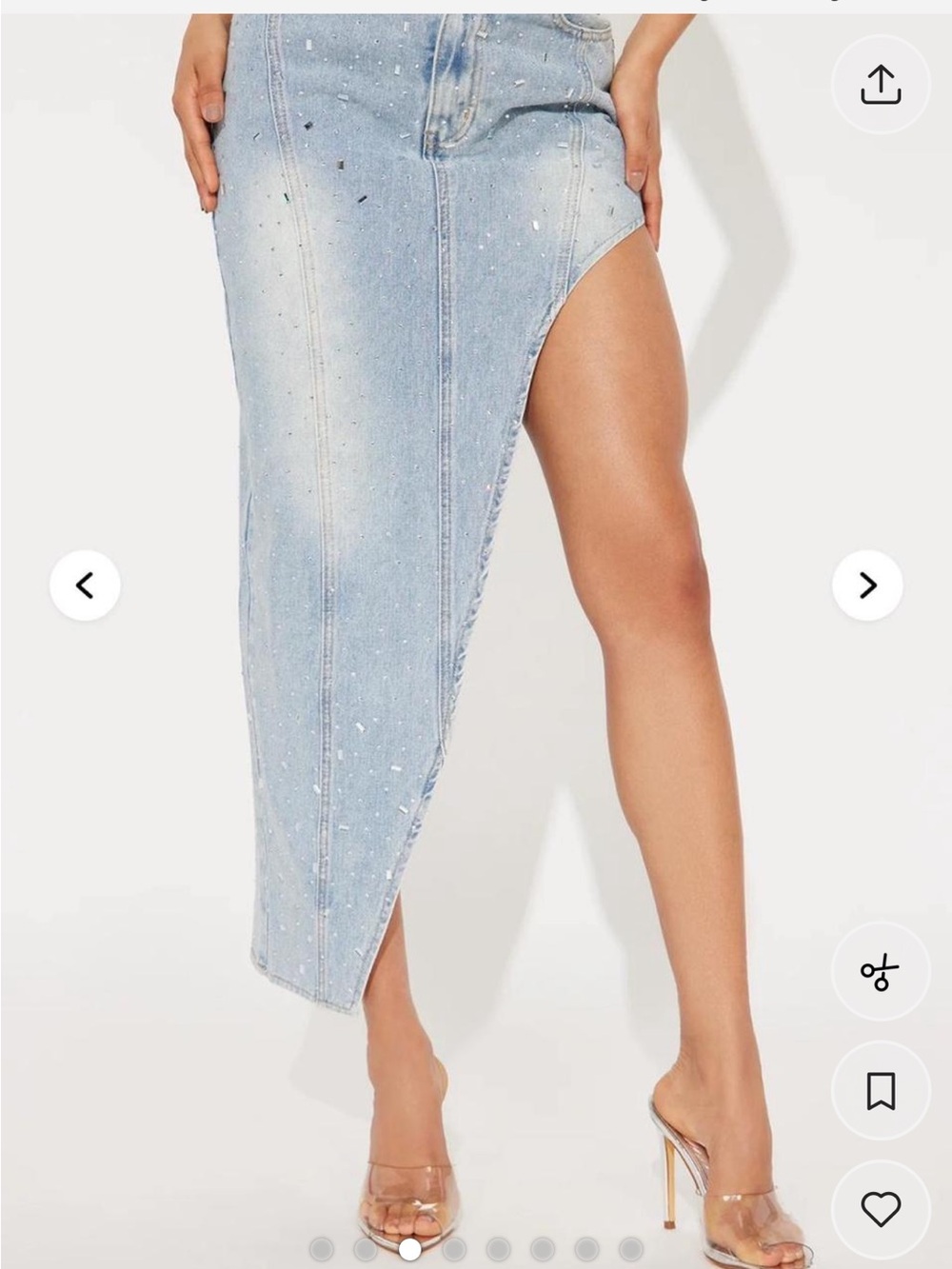 Fashion Nova Sz M 8/10 Asymmetric Light Wash Denim Midi Skirt with Rhinestones